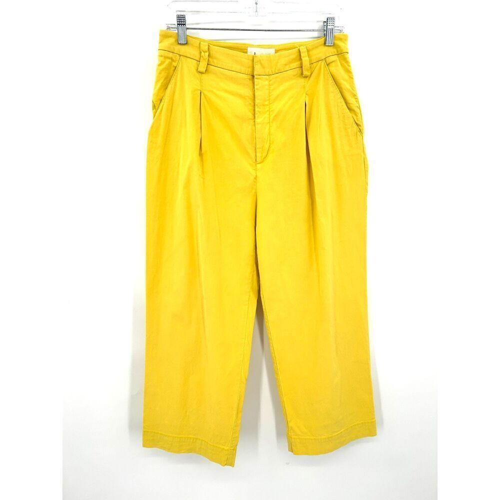ANTHROPOLOGIE Yellow High Rise Pleated Wide Leg Cropped Crepe Pants Size 4